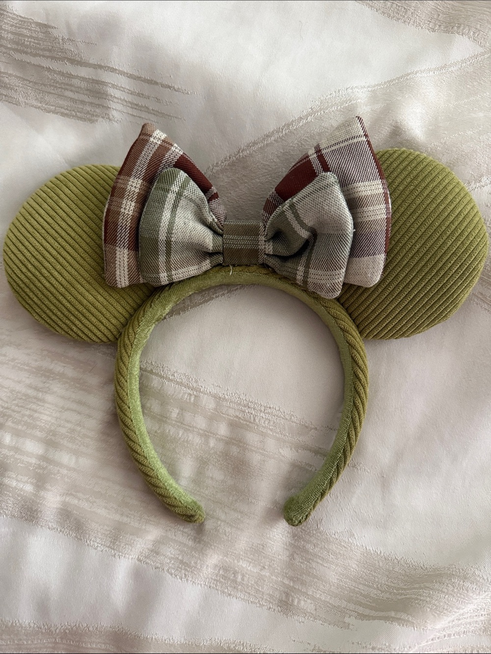 Green Corduroy Minnie Ear Headband with Plaid Bow